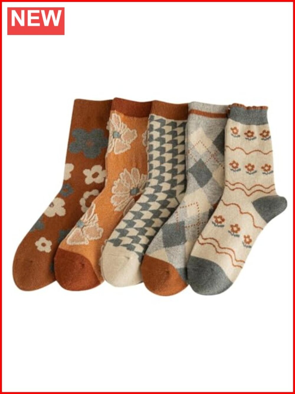 Wool Blend Thick Knit Floral Crew Socks for Women, Vintage Warm Winter Calf